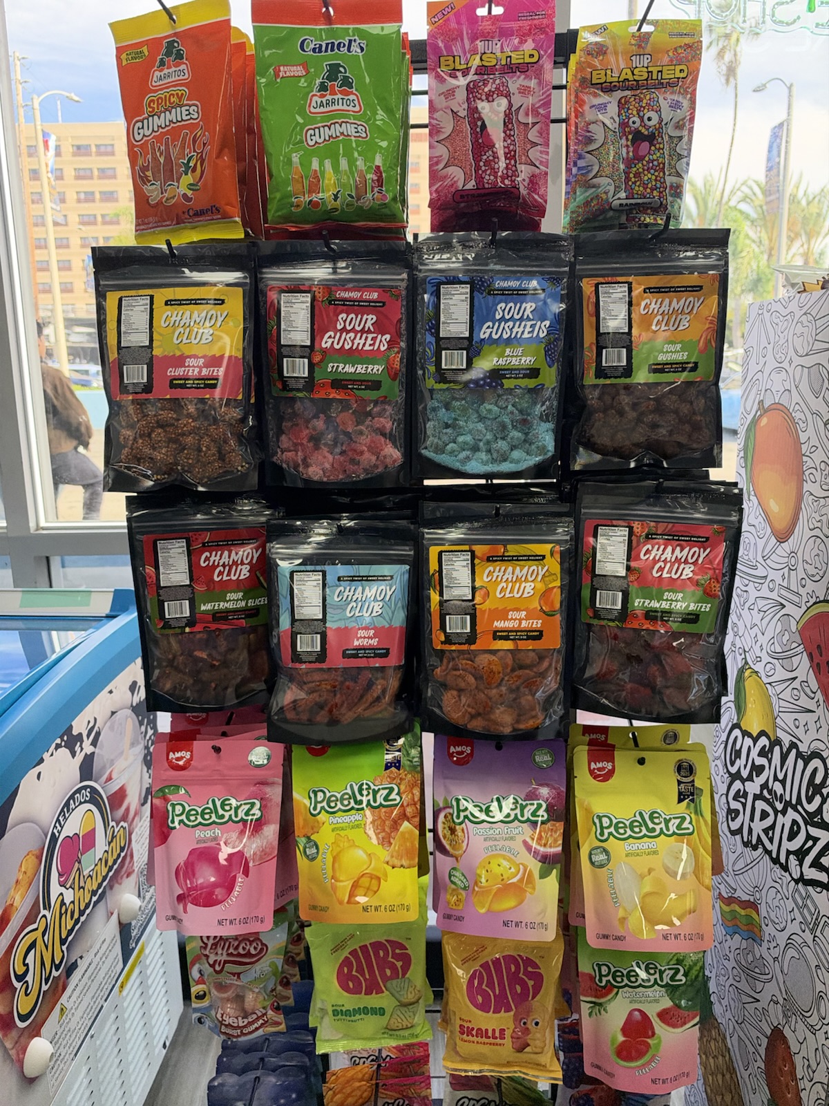 Marina Leaf Smoke Shop exotic snack and candy wall